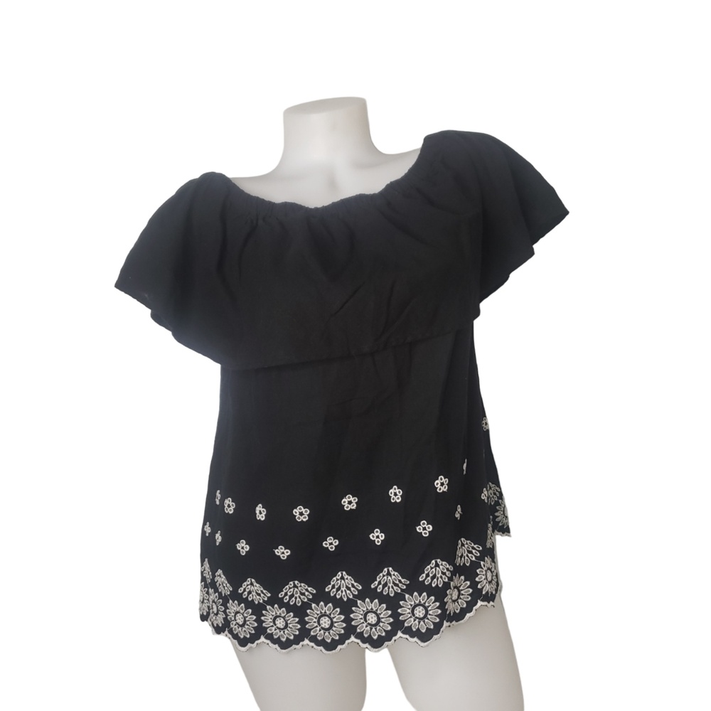 Black Linen Embroidered Top Size Medium